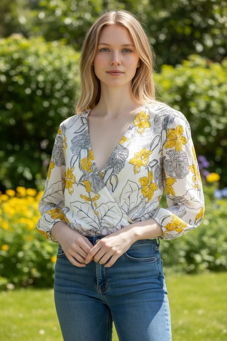 WHITE HOUSE BLACK MARKET Top Size 14 White V Neck w/ Yellow Black Floral